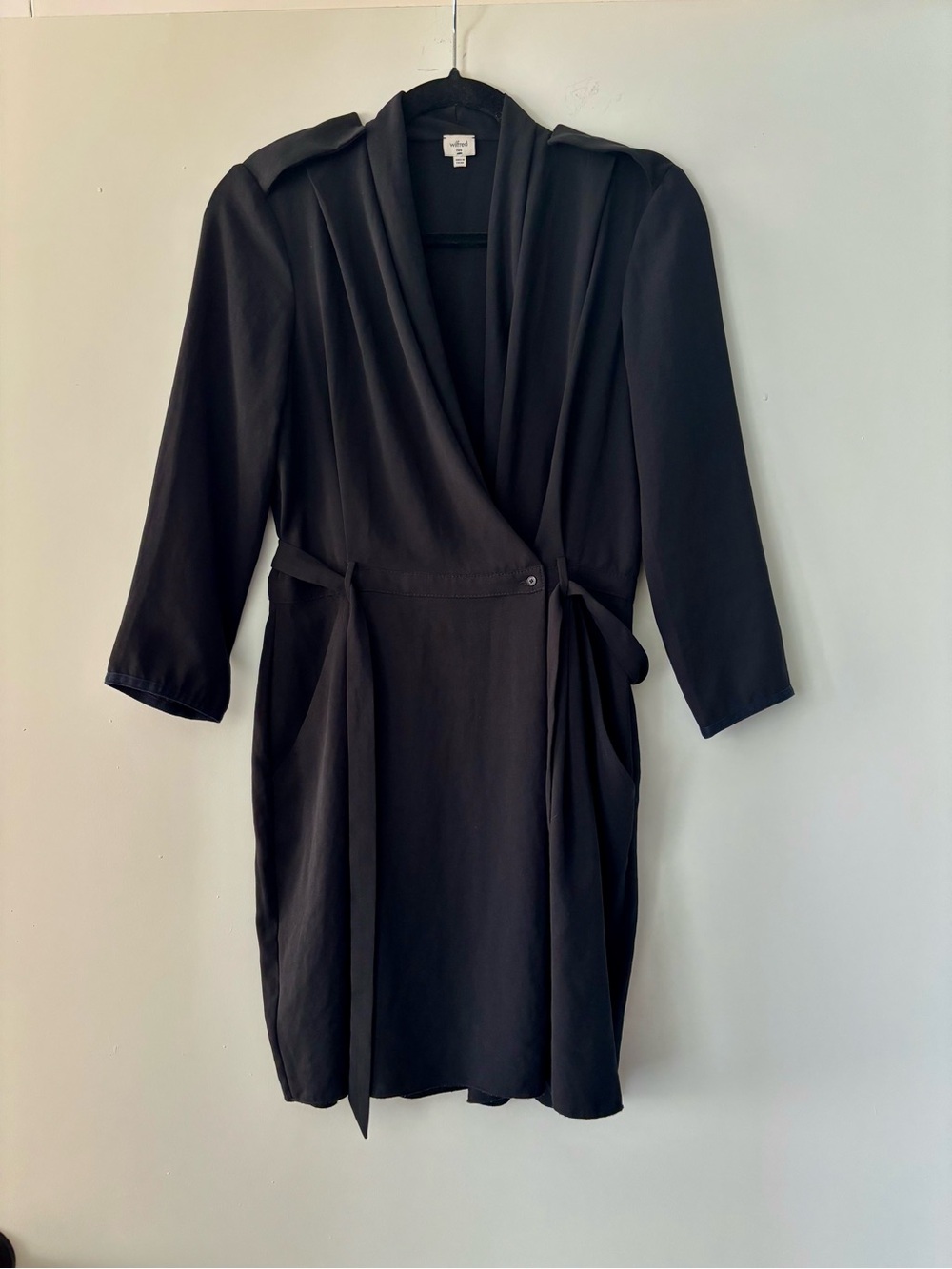 Wilfred Aritzia Black Long-Sleeve Wrap Dress with Tie